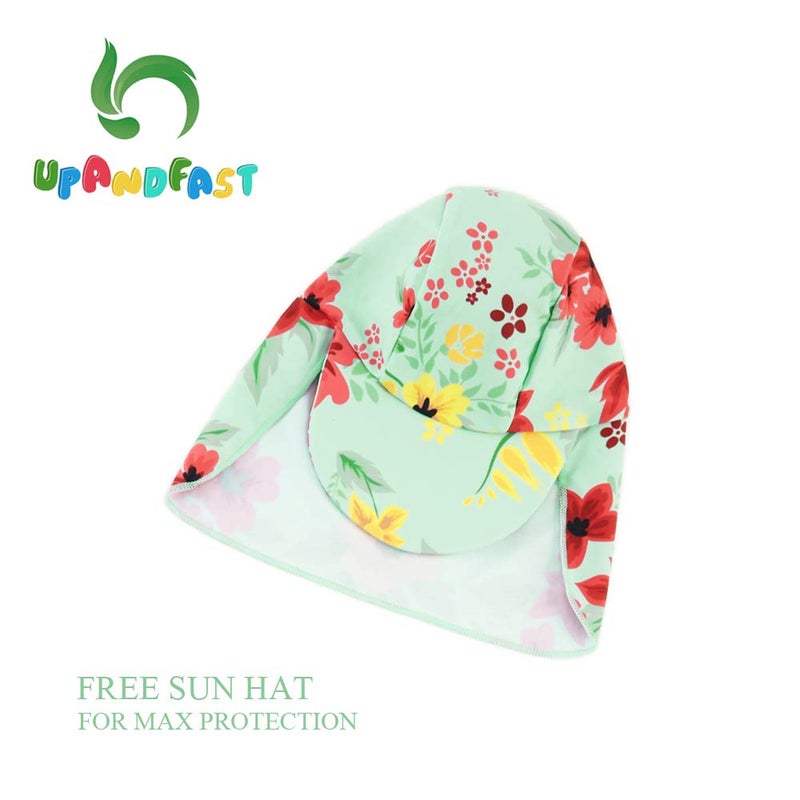 upandfast Baby/Toddler Girl One Piece Zip Sunsuits with Sun Hat UPF 50+ Sun Protection Infant Beach Swimsuit (Light Green(LS), 12-18 Months) - Image 3